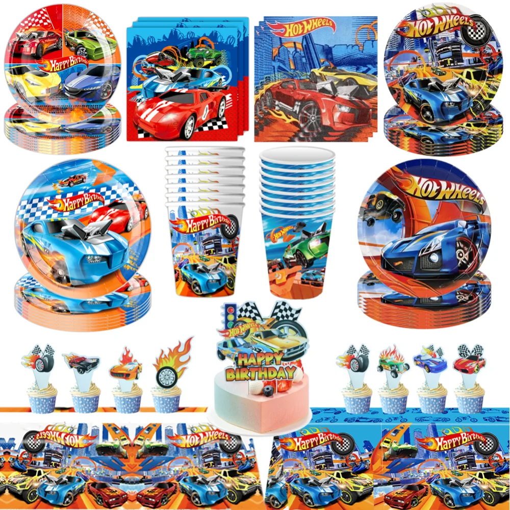 Hot Wheels-suministros de decoración para fiesta de cumpleaños, globos para fiesta de celebración de coches de carrera, vajilla desechable, plato y taza, juguetes para Baby Shower