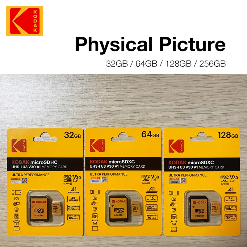 Карта памяти KODAK 64G Ultra 64 ГБ A1 U3 4K Micro SD SDHC Microsd UHS-I C10 TF Performance Flash Original Minisd с адаптером