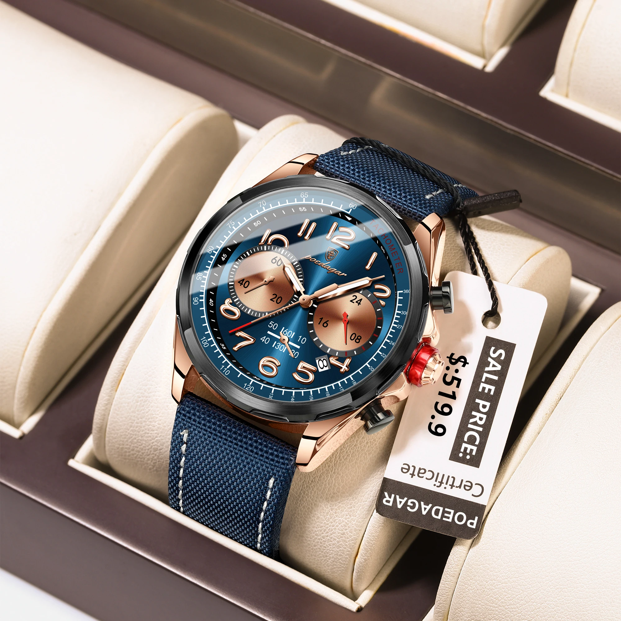 Reloj POEDAGAR de lujo para hombre, Reloj de pulsera con correa de cuero y nailon de cuarzo para hombre, cronógrafo luminoso resistente al agua, relojes con fecha para hombre, Reloj + caja