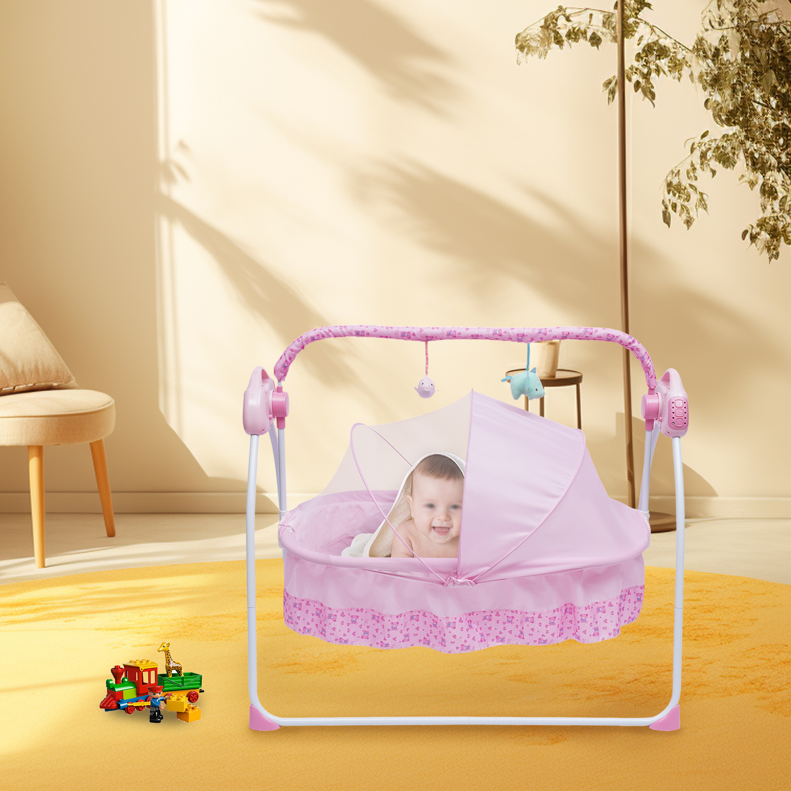 Baby Cradle Swing with Remote Control 5 Speed Adjustable, Bluetooth Music, Timer, Foldable Design for Newborns 0-18M, Max 55lbs