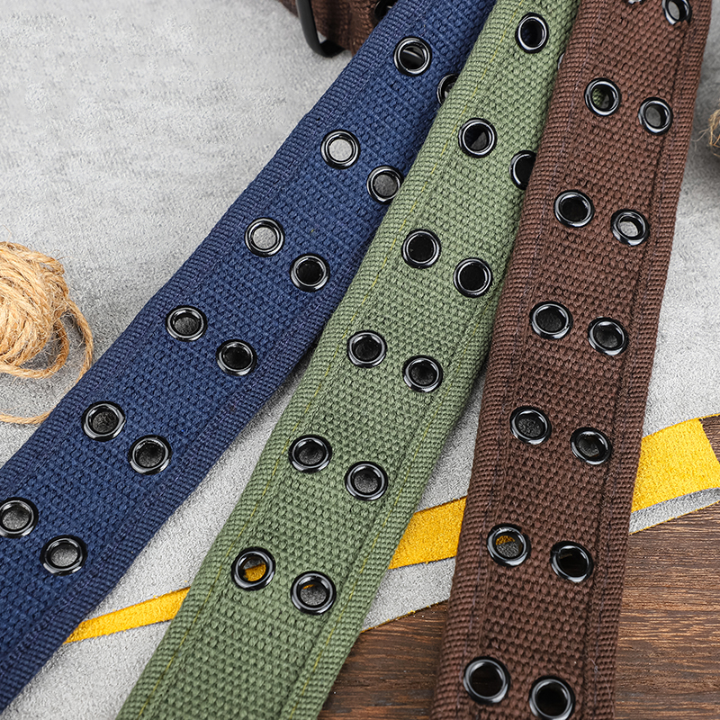 Men's and women's double button canvas waistband, work style, full hole needle buckle belt, sturdy and durable jeans for student