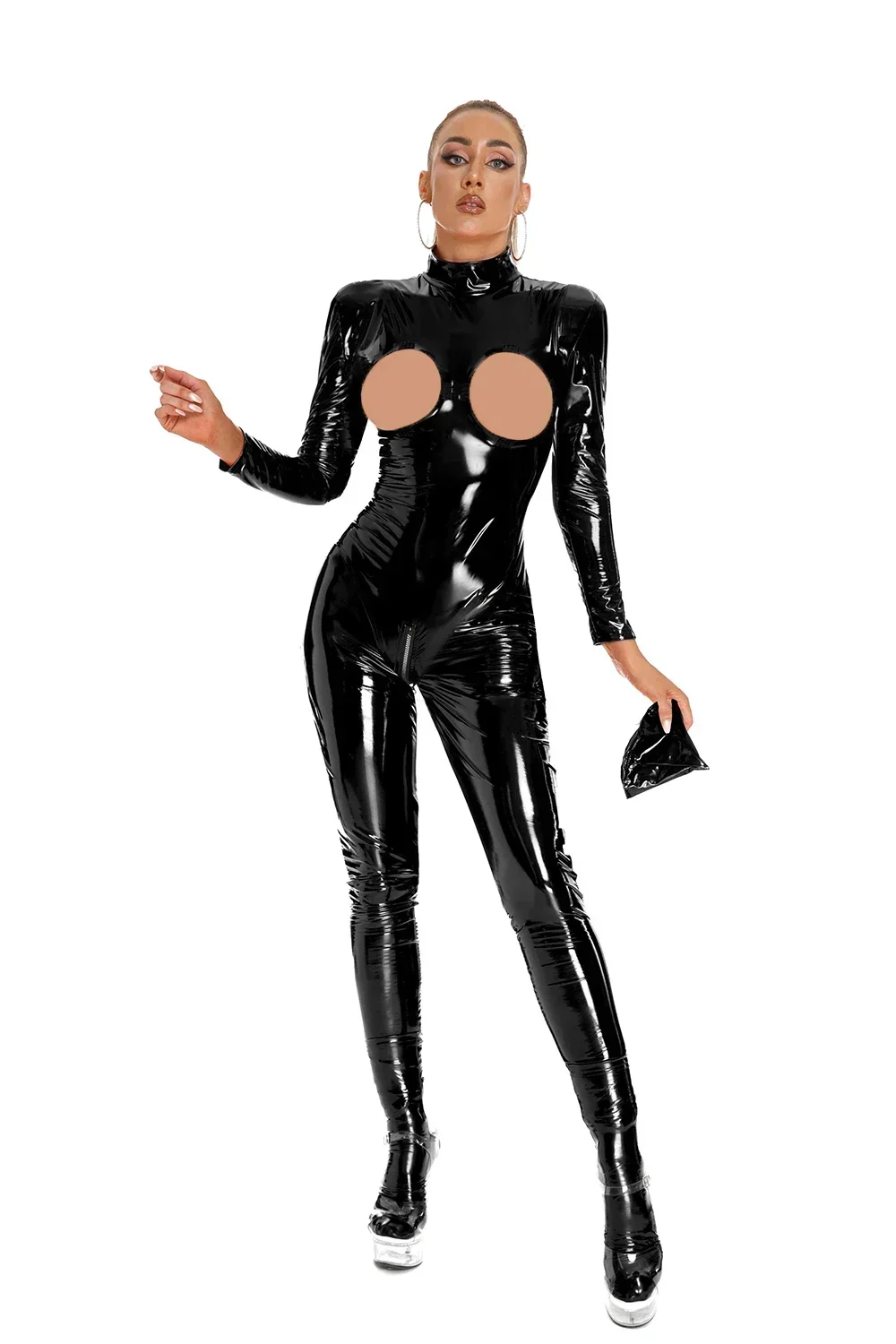 เงา PVC Latex Catsuit สําหรับผู้หญิงเปิดเป้ายางแขนยาว Wetlook เครื่องราง Jumpsuits สีดําสีแดง