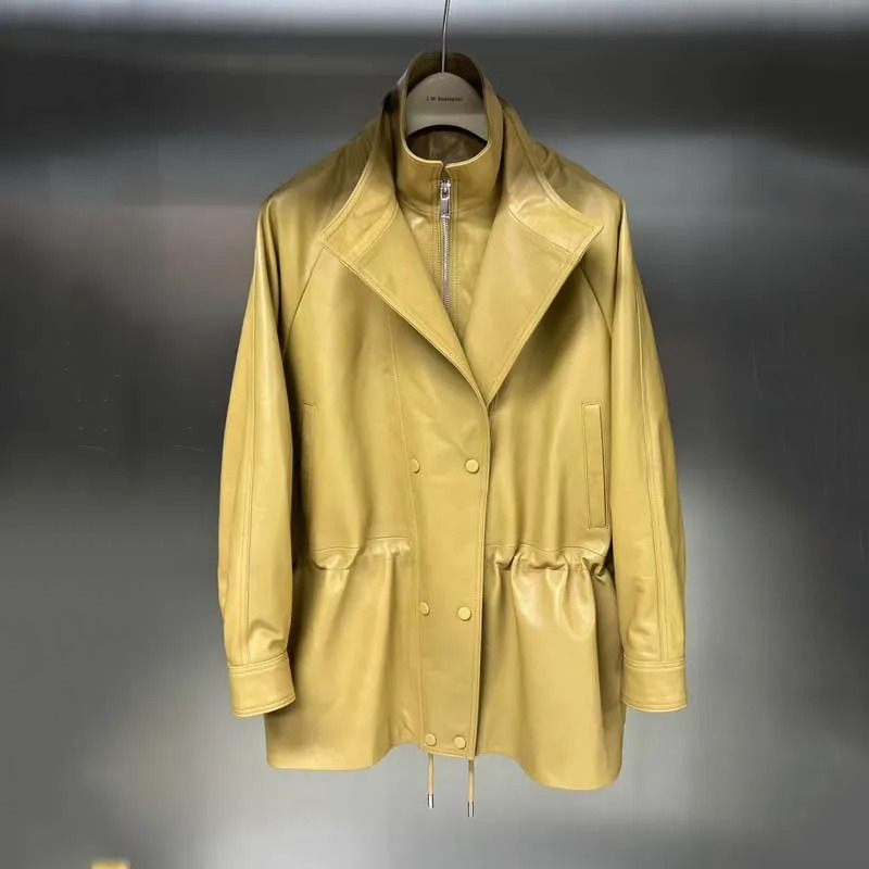 echt leren jas normale lengte damesjas lente geplooide taillestijl dubbele revers ontwerp natuurlijke echte schapenvacht