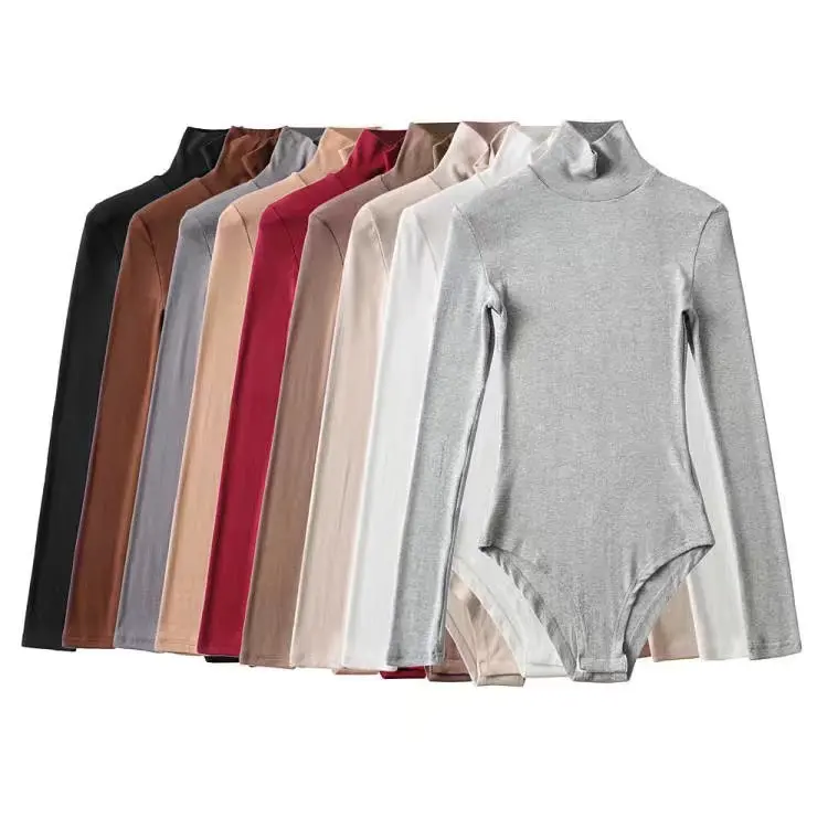 Damen Herbst einteilige lang ärmel ige T-Shirt Schritt offen Roll kragen Bottom ing Shirt Slim-Fit Tasche Brust stapel Kragen elastisch