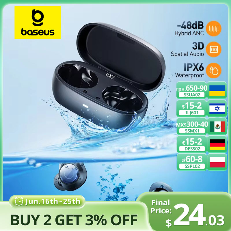 Беспроводные наушники Baseus Bowie MA10 Pro ANC, 48 дБ, гибридные ANC, Bluetooth 5,3, наушники IPX6, водонепроницаемые, 4 микрофона, спортивные наушники ENC