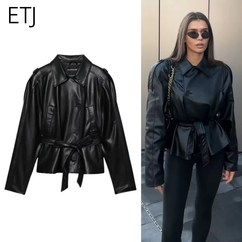 ETJ 2025 Herbst neue Damenmode Gürtel Kunstleder Langarm kurzen Trenchcoat lässig Ledermantel