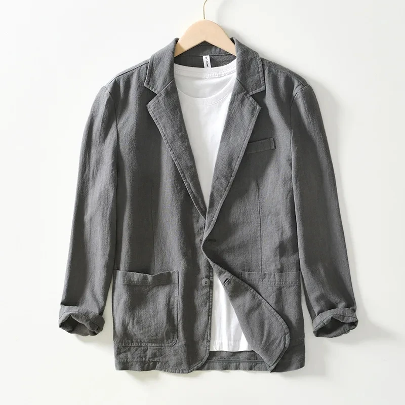 Terno casual de linho e algodão masculino, jaqueta fina solta, ajuste regular, qualidade de viagem, branco, preto, azul, monocromático, outono, 2023