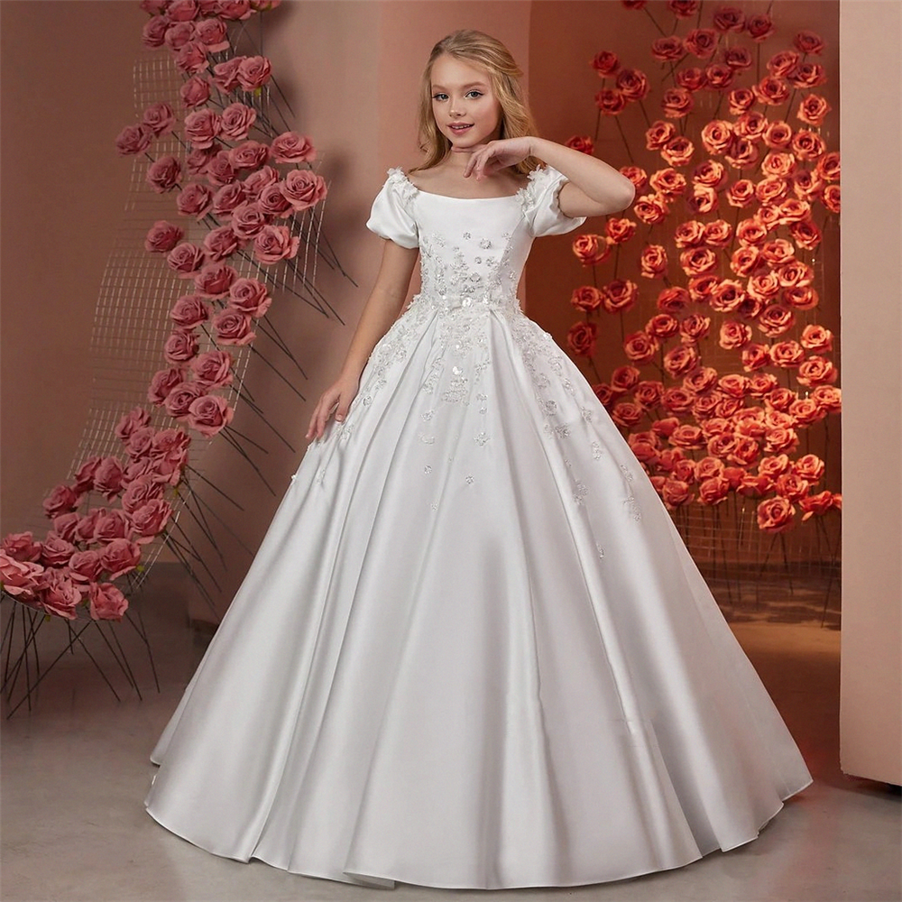 Vestido de cetim branco para meninas, vestido para casamento, ombro de fora, apliques, miçangas, elegante, presente de aniversário, concurso, primeira comunhão