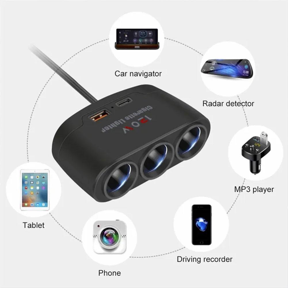 120W Car Charger 12V 24V 3 Socket Cigarette Lighter Splitter Dual USB PD Car Power Conversion Plug Fast Charge Adapter For Phone