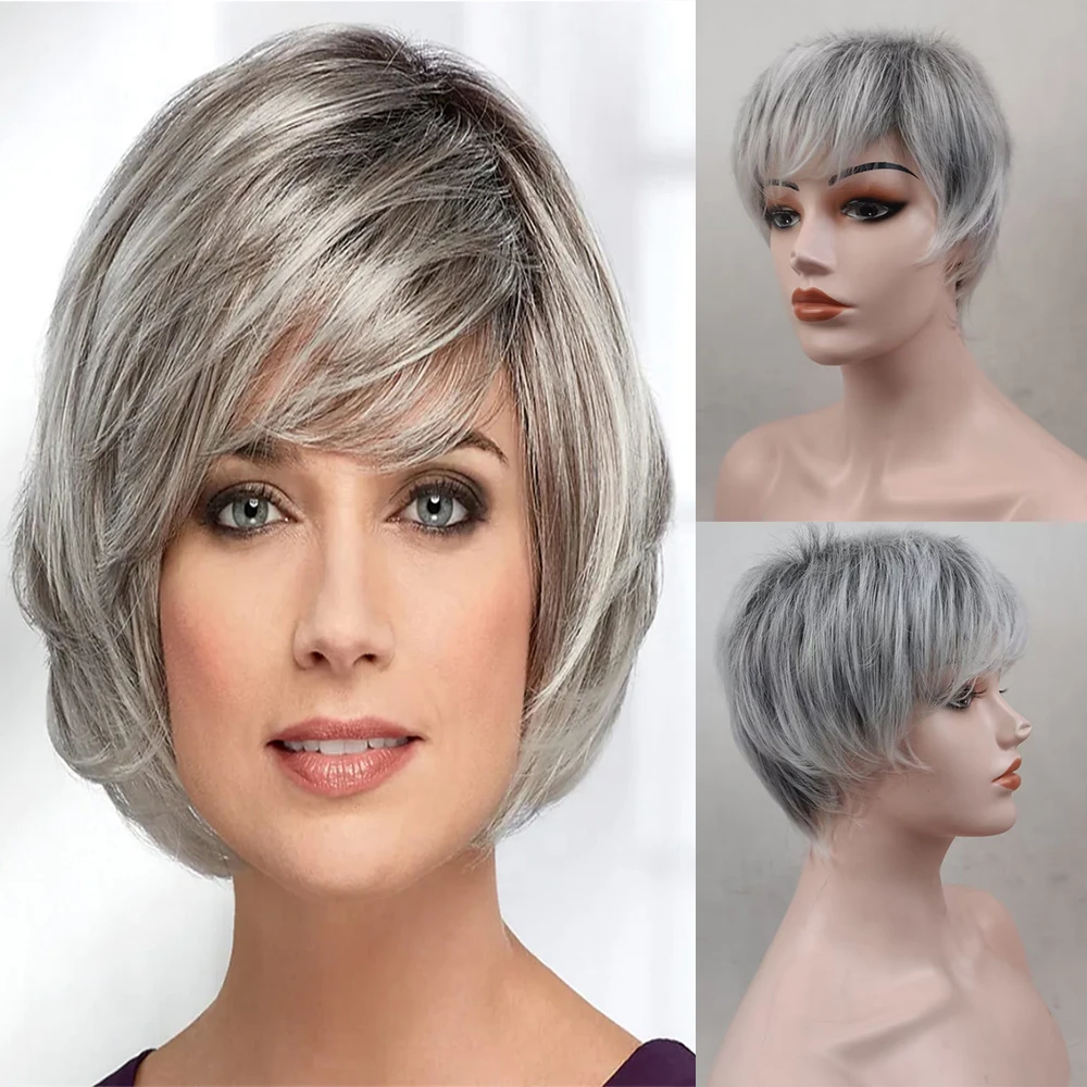 HAIRJOY สังเคราะห์ผมผู้หญิงสั้นตรง Ombre Bob วิกผมสีบลอนด์เงินสีน้ําตาลสีแดง