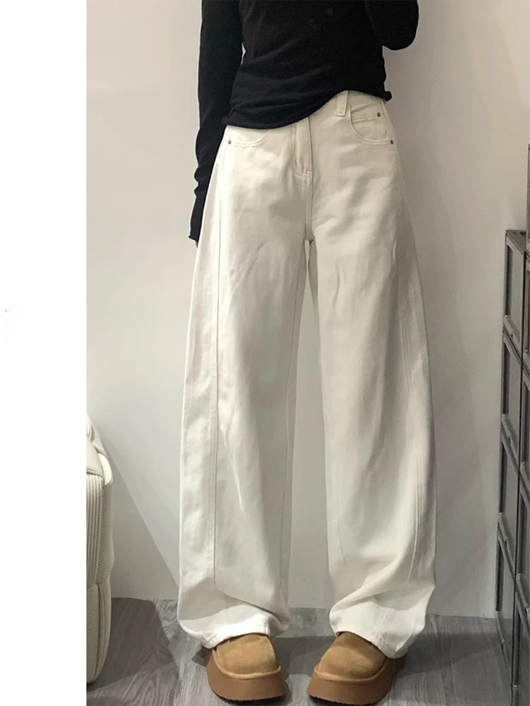 Calças Jeans Brancas de Cintura Alta com Pernas Largas para Mulheres, Estilo Casual, Novo Estilo de Outono