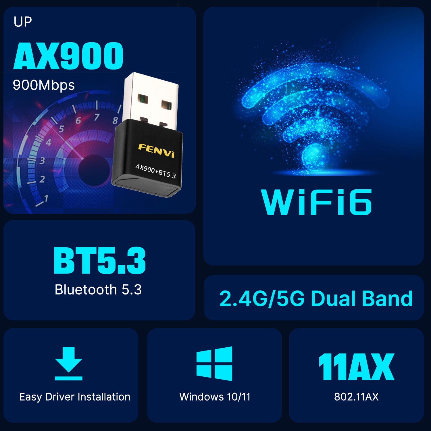 fenvi WiFi 6 AX900 USB-адаптер Bluetooth 5,3 2в1 2,4G и 5 ГГц двухдиапазонный драйвер беспроводного сетевого приемника бесплатно для Win10/11