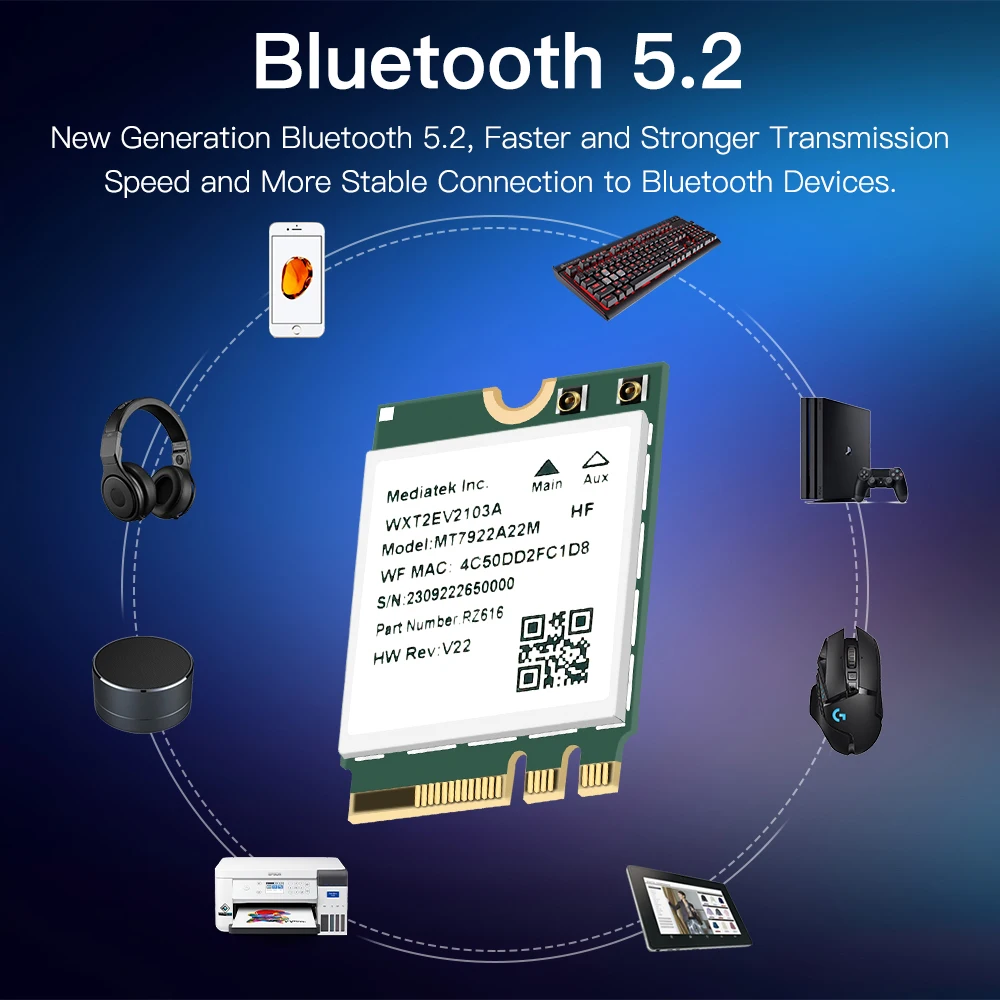 Беспроводная карта Wi-Fi 6E MT7922 M.2 5374 Мбит/с Сетевой адаптер Bluetooth 5.2 802.11ax 2,4G/5G/6 ГГц MediaTek MT7922 MU-MIMO Win 10 11