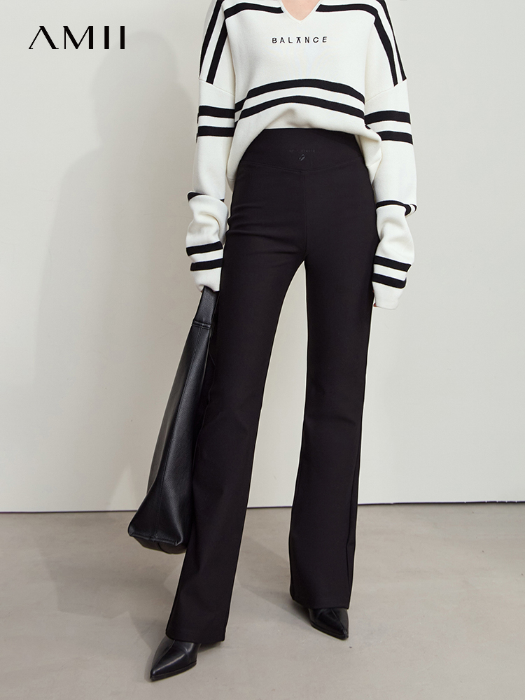 AMII-Leggings Acampanados para mujer, pantalón minimalista informal, cómodo, con bordado de vellón, adelgazante, color negro, invierno, 2024, 12424095