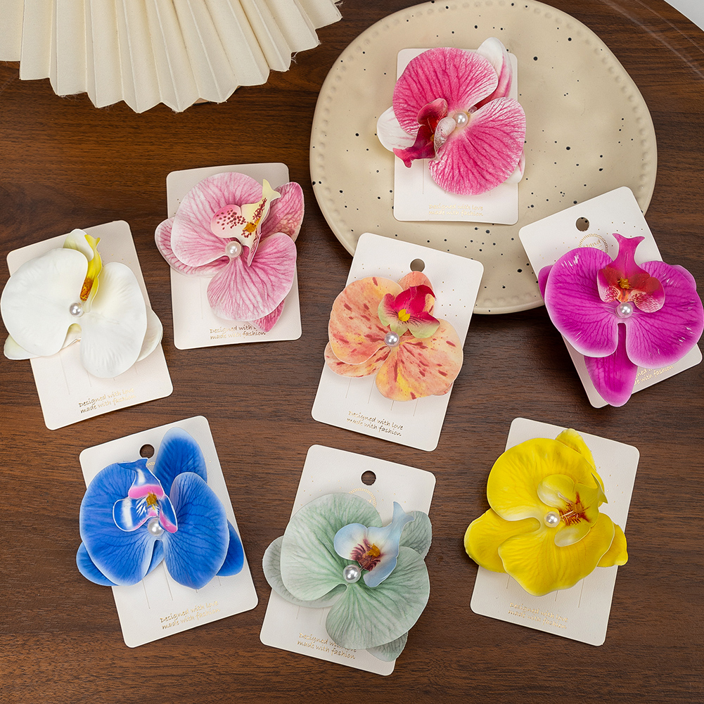 Pinzas para el cabello de mariposa y flor de orquídeas artificiales para mujer y niña, horquillas de pico de pato con perlas Phalaenopsis, accesorios para el cabello
