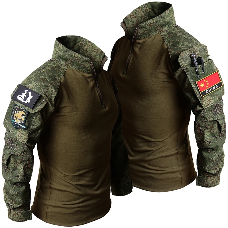 Ru Camo ชุดยุทธวิธีสำหรับผู้ชาย, เสื้อยืดแขนยาวระบายอากาศกลางแจ้ง + กางเกงคาร์โก้หลายกระเป๋าตรงชุด2ชิ้นชุดฝึกซ้อมต่อสู้