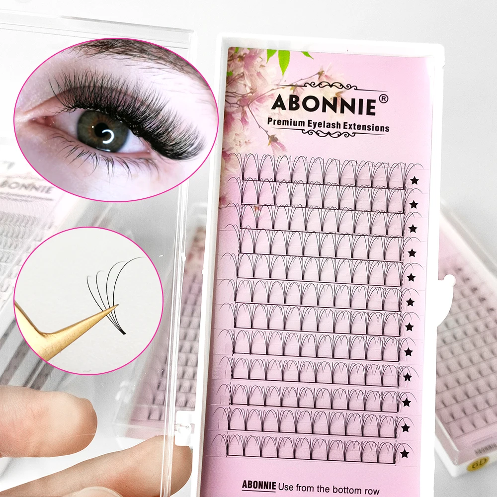 Abonnie-ventiladores prefabricados de tallo corto, ventilador de volumen ruso, suministros de extensiones de pestañas esponjosas Premium, bandeja de pestañas rizadas D