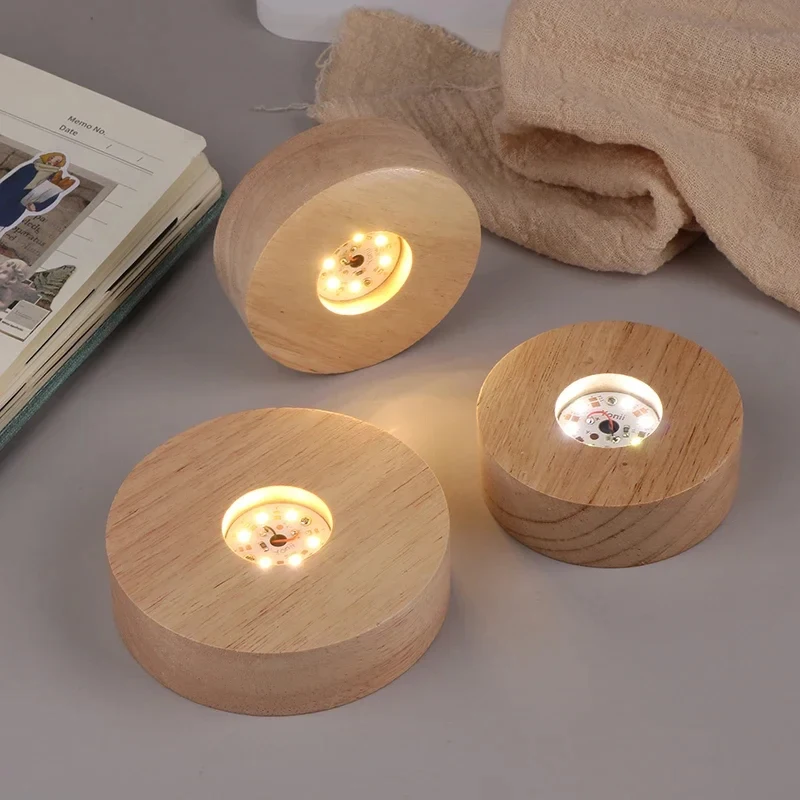 Base per display a luce LED rotonda in legno da 8/10 cm a batteria, supporto per lampada da notte, base per lampada da notte, ornamenti artistici in resina di cristallo