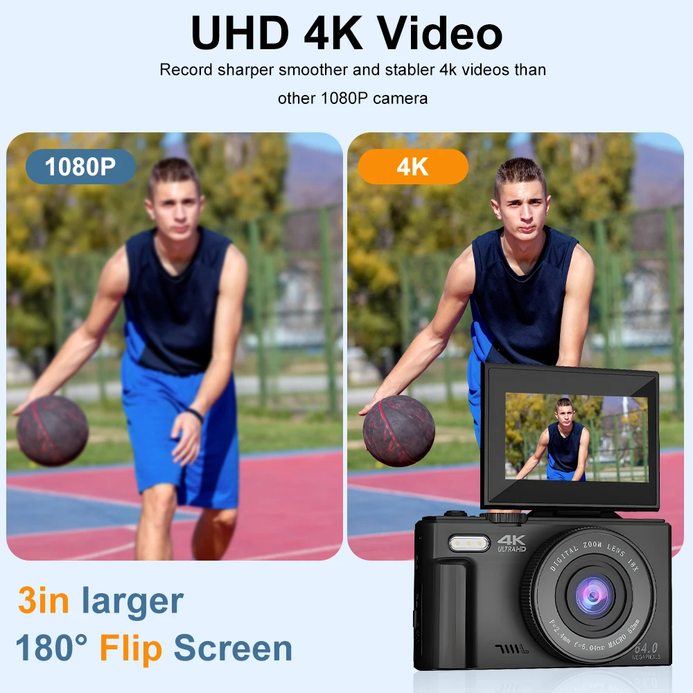 Ourlife AC600 Digitalkamera 4K 64 MP UHD-Kameras 18X Digitalzoom 180 °   Vintage-Vlogging-Kamera mit Klappbildschirm für YouTube-Autofokus