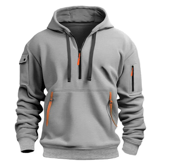 Moletom esportivo casual masculino primavera outono moda cor sólida pulôver de manga comprida com bolso no braço e corda de tração plus size