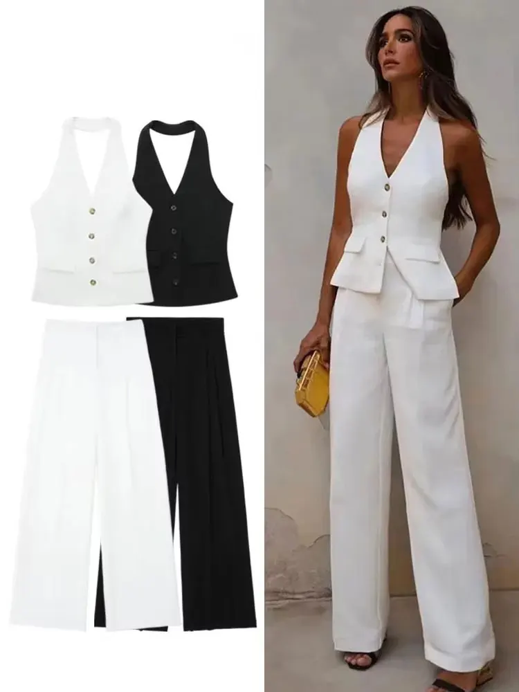 HH Frauen Fashion Solid Hosen Anzug Halter Einreiher Ärmellose Blazer Weste Top Zipper Fly Hosen Büro Dame Sets