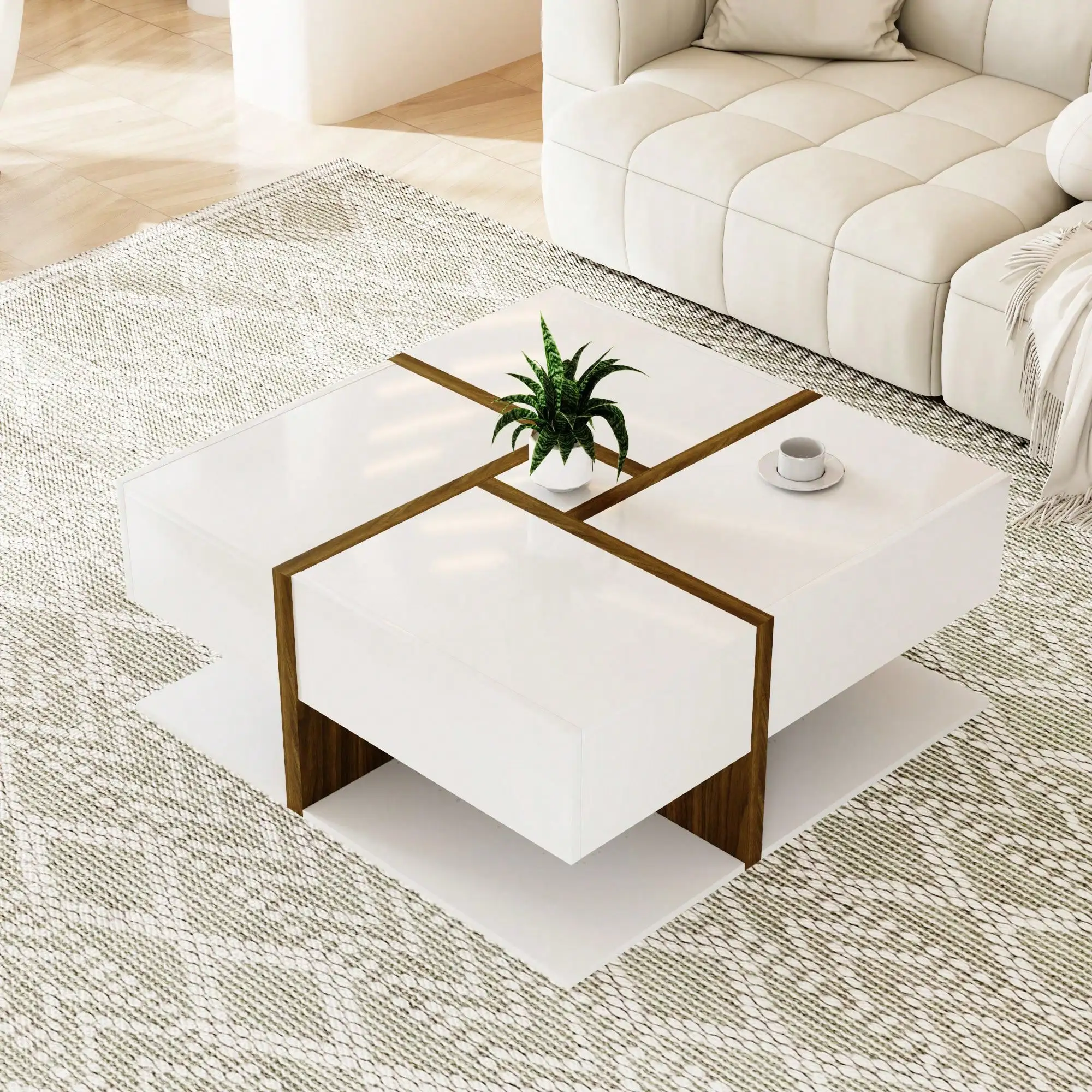 KOMHTOM Mesa de centro funcional quadrada moderna com 4 gavetas e espaço de armazenamento inferior, mesa de sala de estar, mesa de centro