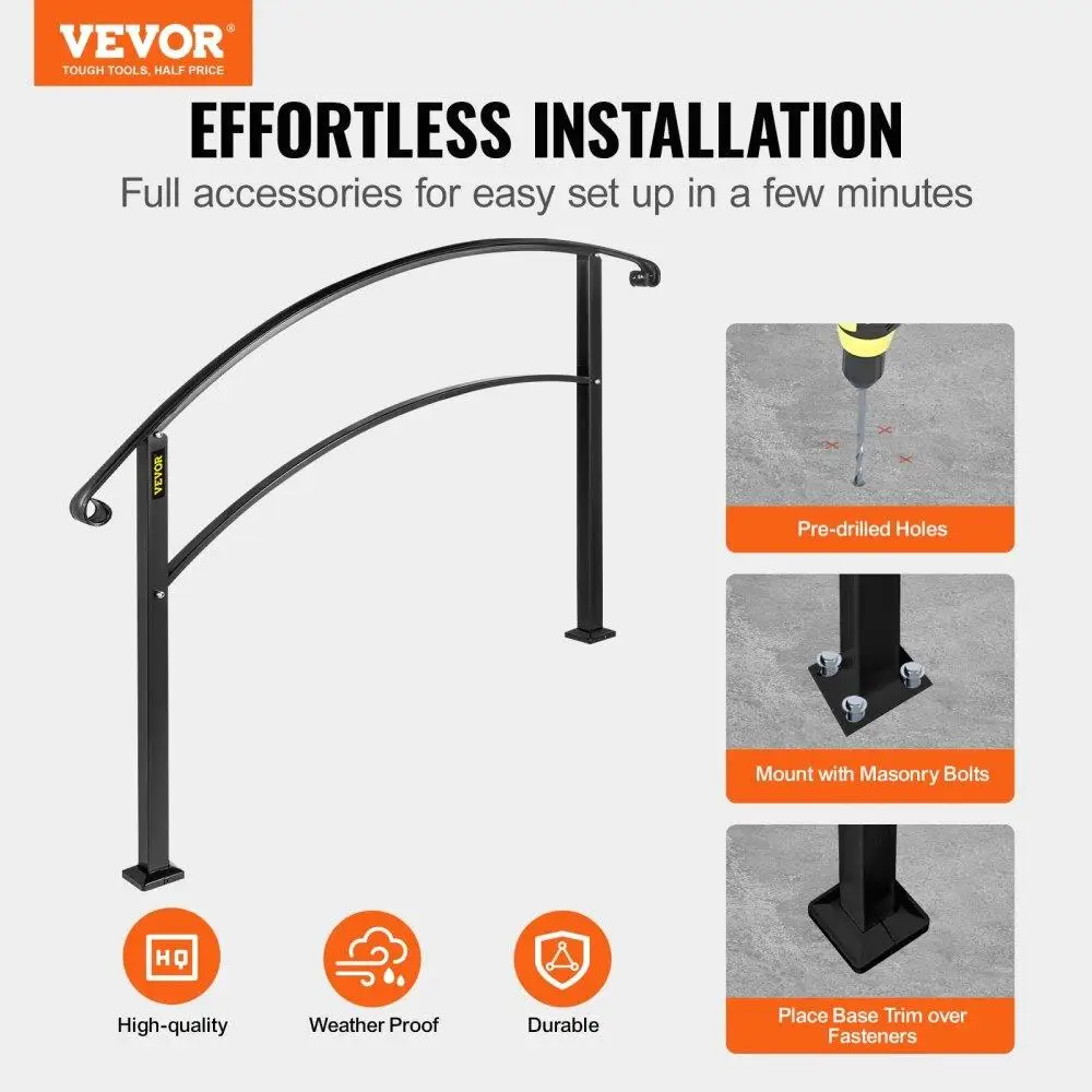4FT Adjustable Matte Black Wrought Iron Handrail for 4 Steps - Customizable Transition Support