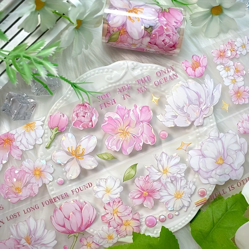 2M 핑크 꽃 애완 동물 장식 스티커 빈티지 로즈 투명 Washi 테이프 Scrapbooking 저널 DIY 카드 만들기 재료