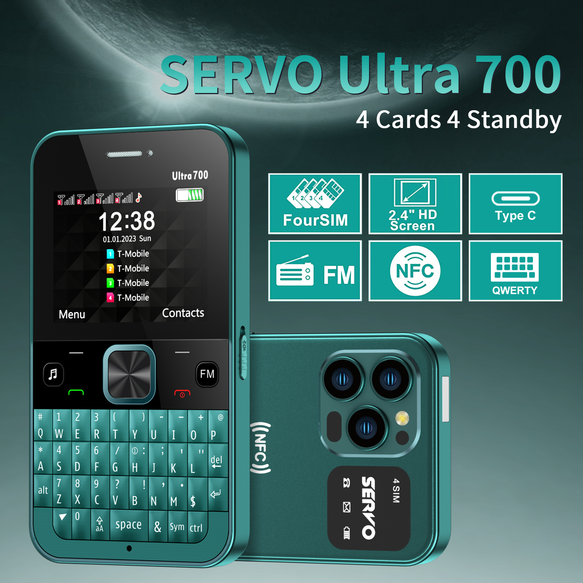 SERVO 4 SIM-kaart 4 stand-by QWERTY-toetsenbord Mobiele telefoon Snelkeuze Zwarte lijst FM-radio Zaklamp 2G GSM Mobiele telefoon Type C