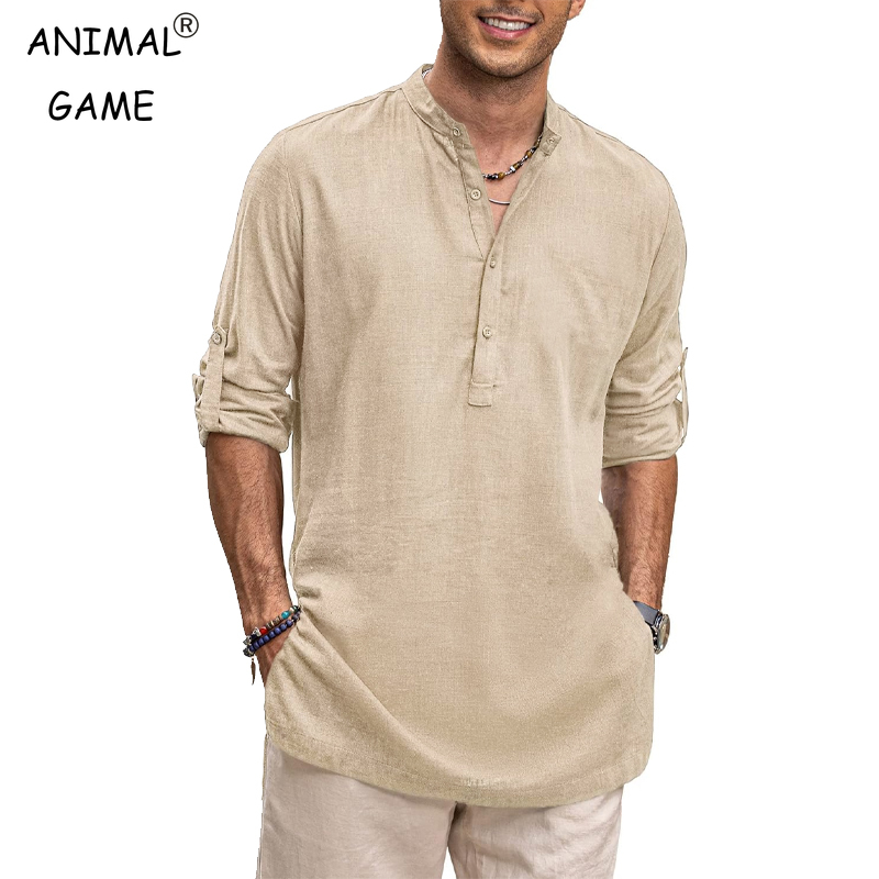 Camicie Henley in cotone da uomo T-shirt con bottoni a maniche lunghe Camicie da spiaggia Camicia casual da lavoro Colletto alla coreana tinta unita streetwear
