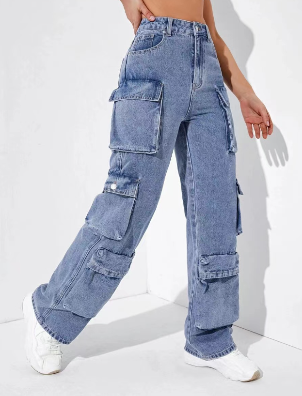 女性用ウォッシュドデニムカーゴパンツ,ハイウエスト,ファッショナブルなアメリカンスタイル,レトロ,素敵なストリートウェア,フリップポケット付きのシックでファッショナブルなジーンズ,ヒップホップ