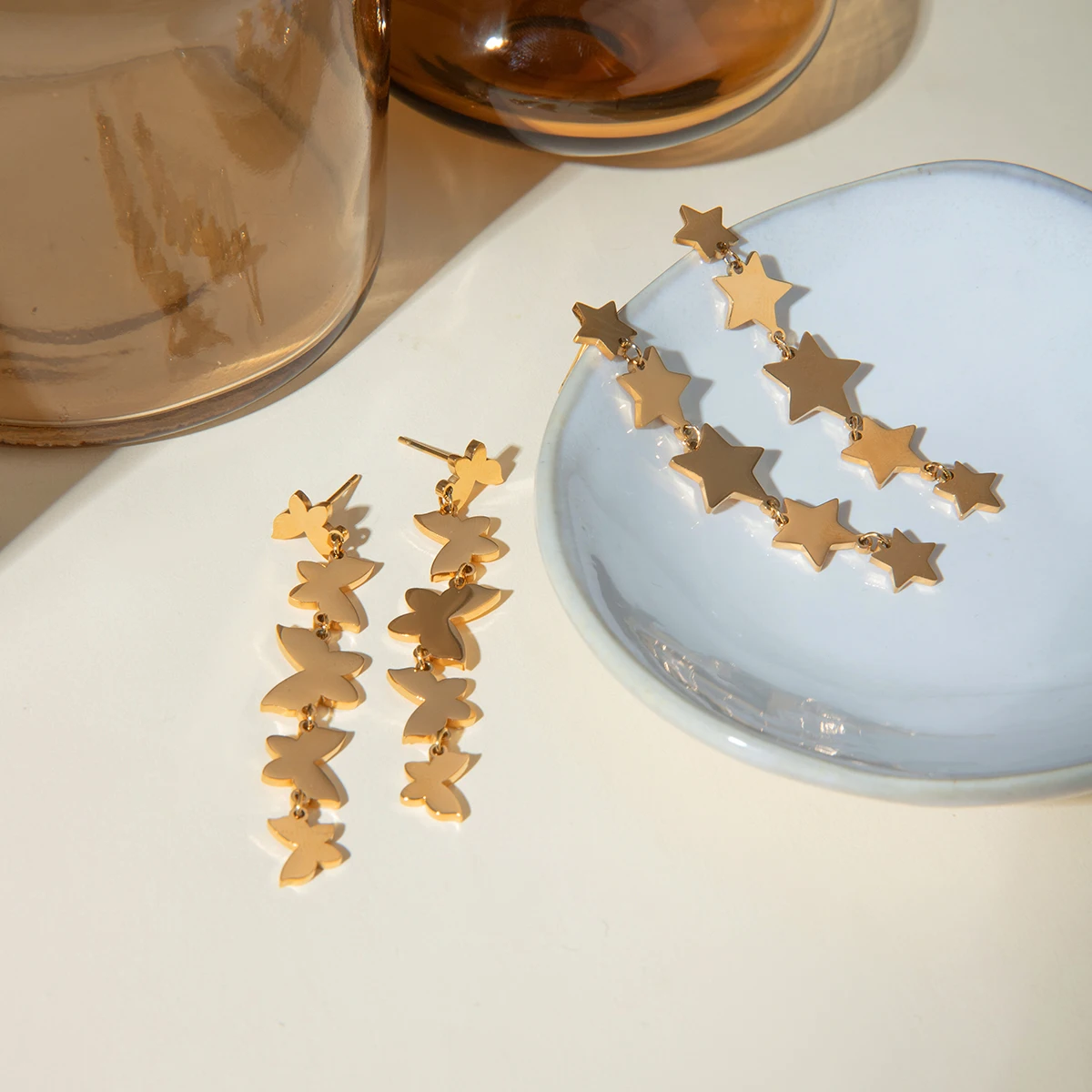 Anting-anting bintang berlapis emas 18K, perhiasan tempramen bebas halus Stainless Steel baja tahan karat bintang lima titik tali polos Anti alergi