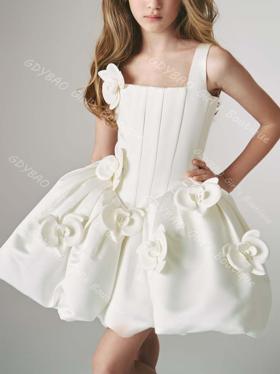 Vestido de menina flor marfim para casamento flor 3d mini tutu fofo alça espaguete vestido de princesa concurso personalizado vestido de festa infantil