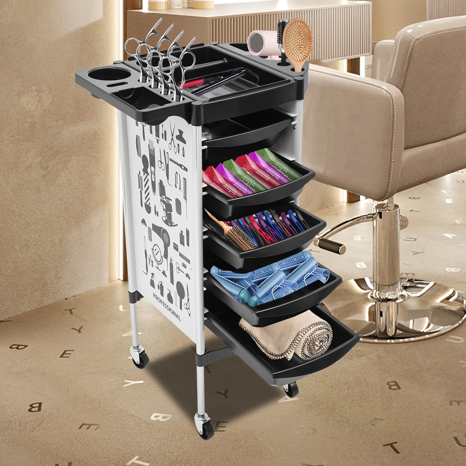 6-stufiger Salonwagen mit Trocknerhalter, Mehrzweck-Schönheitswagen mit 5 Schubladen, platzsparende Salonmöbel