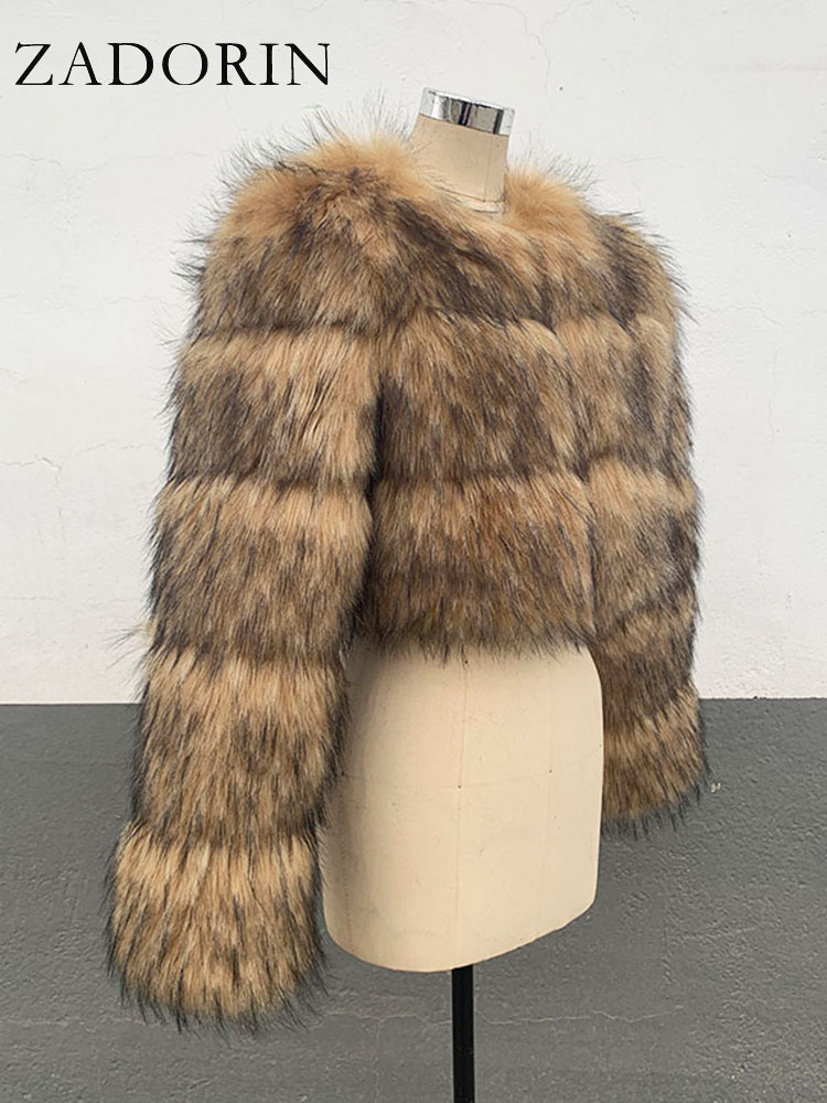 ZADORIN-Manteau court en fausse fourrure de raton laveur pour femme, col rond, manches longues, moelleux, veste courte en fausse fourrure, haut court, haute qualité, mode hivernale