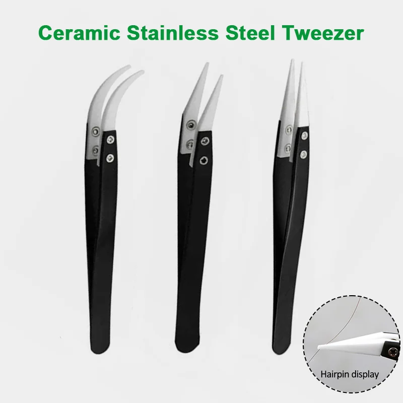 Black Handle Ceramic Stainless Steel Tweezers Straight & Curved Pointed Tip Acid and Alkali Resistant Insulation Clamping Tools