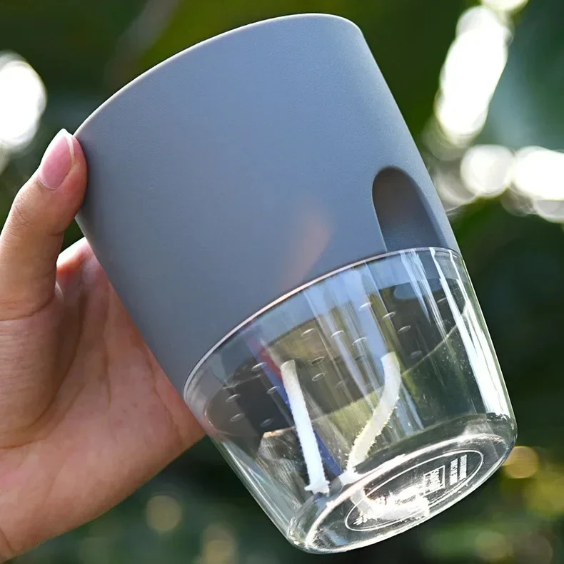 Vaso da fiori in plastica trasparente a doppio strato Vaso da fiori con irrigazione automatica Corda di cotone per irrigazione Piccolo vaso per piante con porta di iniezione