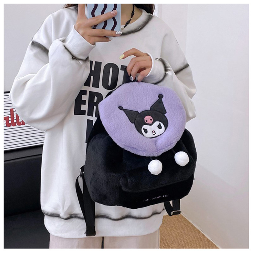 Sanrio Kuromi Melody การ์ตูนน่ารักลูกสุนัข Plush Flip กระเป๋าเป้สะพายหลังผู้หญิงขนาดใหญ่ความจุน่ารัก Kawaii การ์ตูนโรงเรียนกระเป๋า Mochila