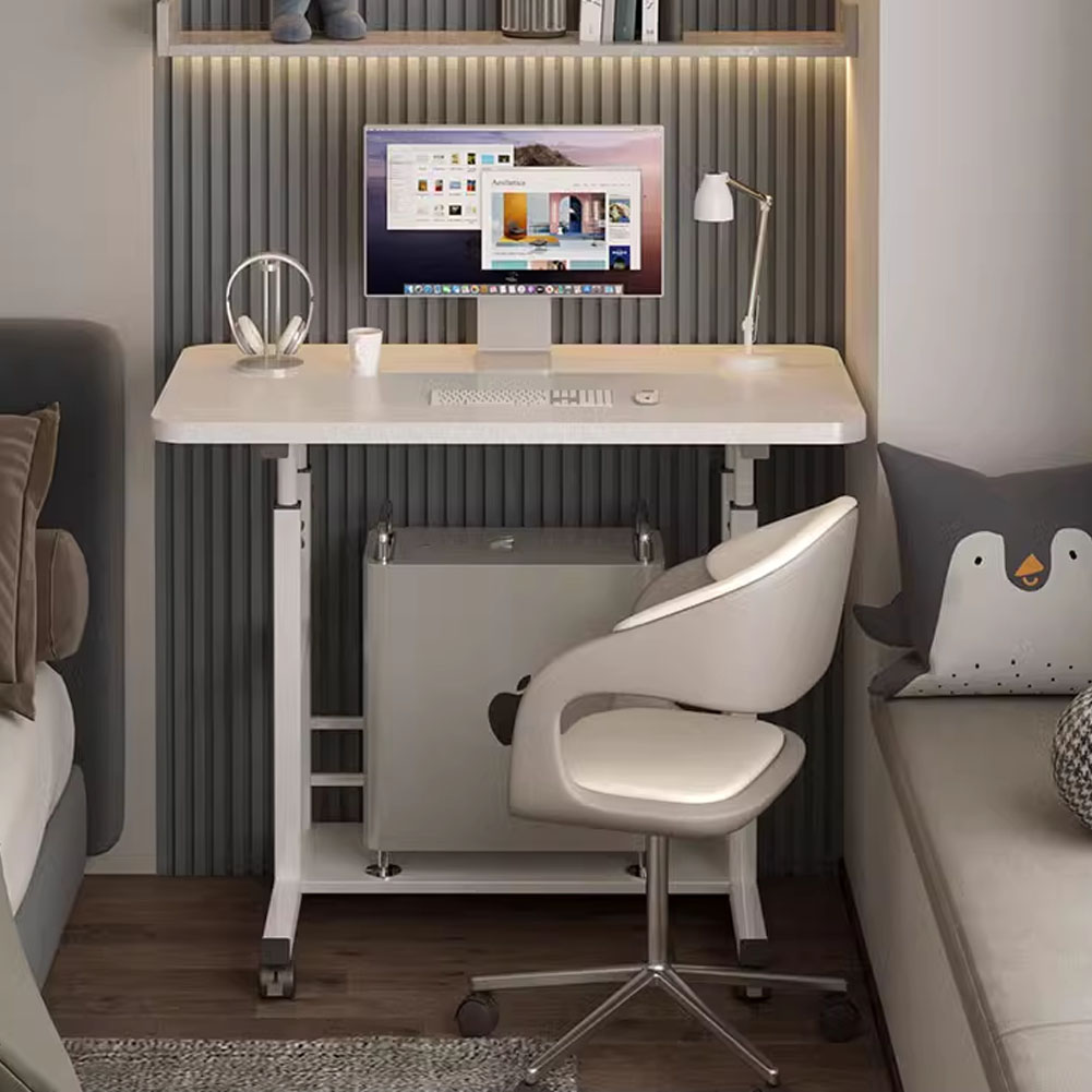 Mobile Over Height Adjustable Mobile Table Overbed Desk with Shelves Wheels Laptop Tray Stand