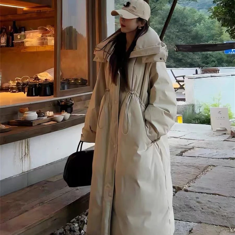 Jaqueta curta e longa, jaqueta quente grossa com capuz e cordão preguiçoso e luxuoso, novo estilo de inverno 2024 feminino