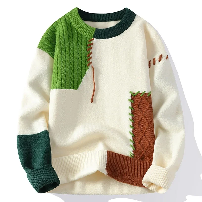 Herren-Strickpullover, Patchwork-Pullover, O-Ausschnitt, Pullover, gespleißt, Langarm-Pullover, leicht dehnbar, Standardwolle, 2024, lässig