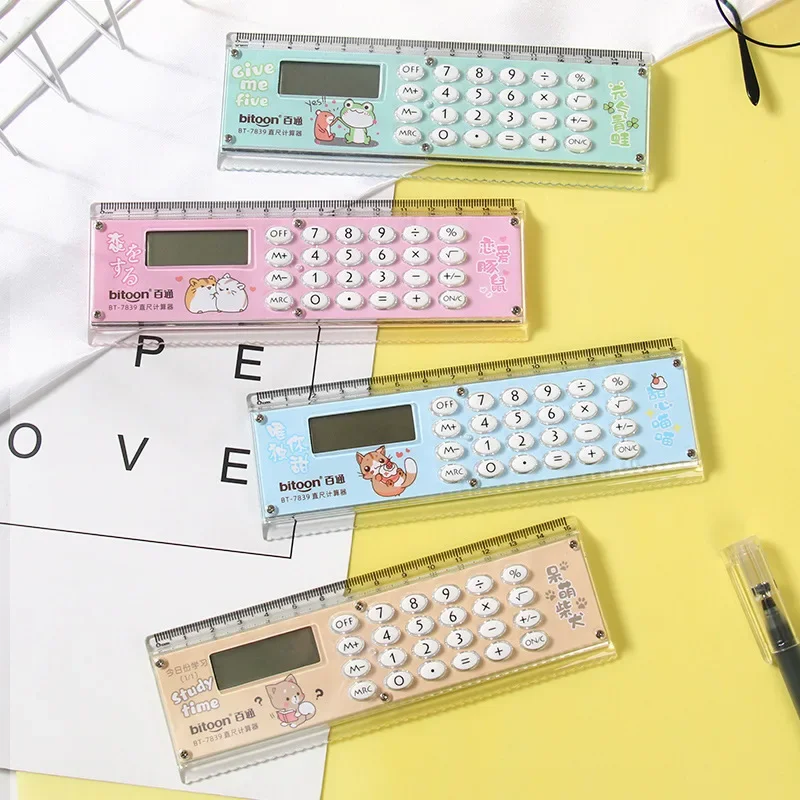 Kawaii dos desenhos animados mini régua calculadora multifuncional 15cm régua com calculadora estudantes papelaria material escolar de escritório