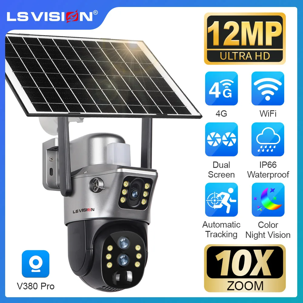 LS VISION 12MP 4G/WiFi Dual Screen Solar Kamera Outdoor 10X Zoom 6K Drei Objektiv Menschliches auto Tracking Überwachung Kamera V380 Pro