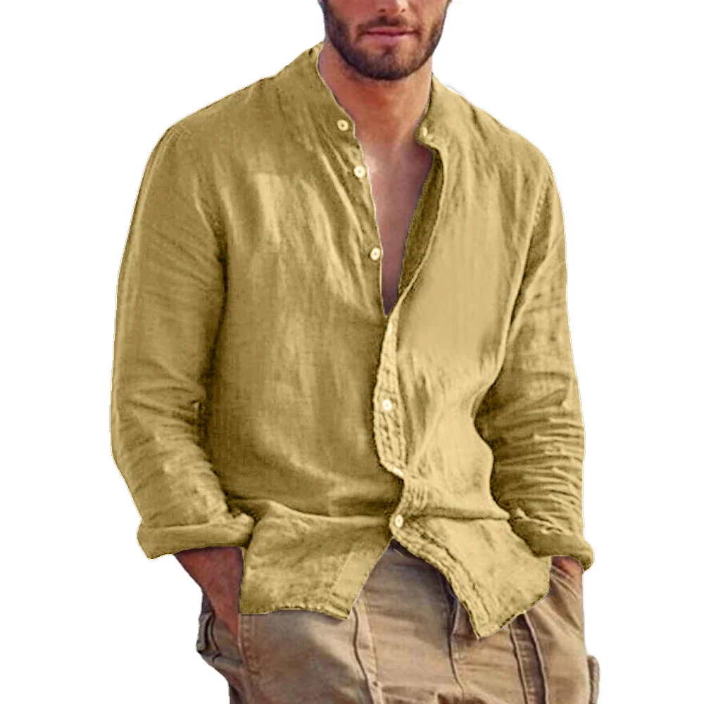 Camicia a maniche lunghe in tinta unita da uomo nuova Camicie in cotone di lino Tendenza Taglie forti Colletto alla coreana Top da spiaggia leggeri casual