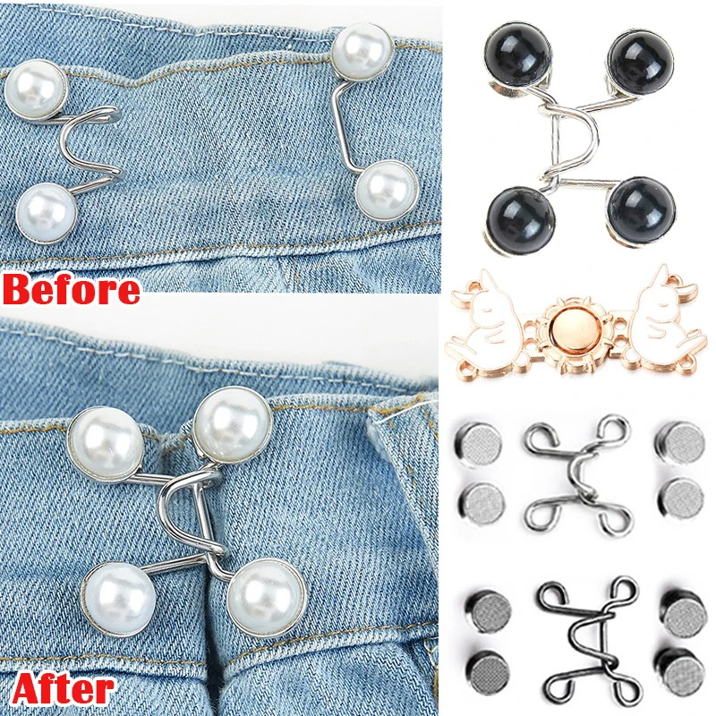 1 Juego de hebilla de cintura para pantalones vaqueros con perlas, broches ajustables sin clavos, botón de sujeción, tensor de cintura desmontable, herramientas de costura DIY para el hogar
