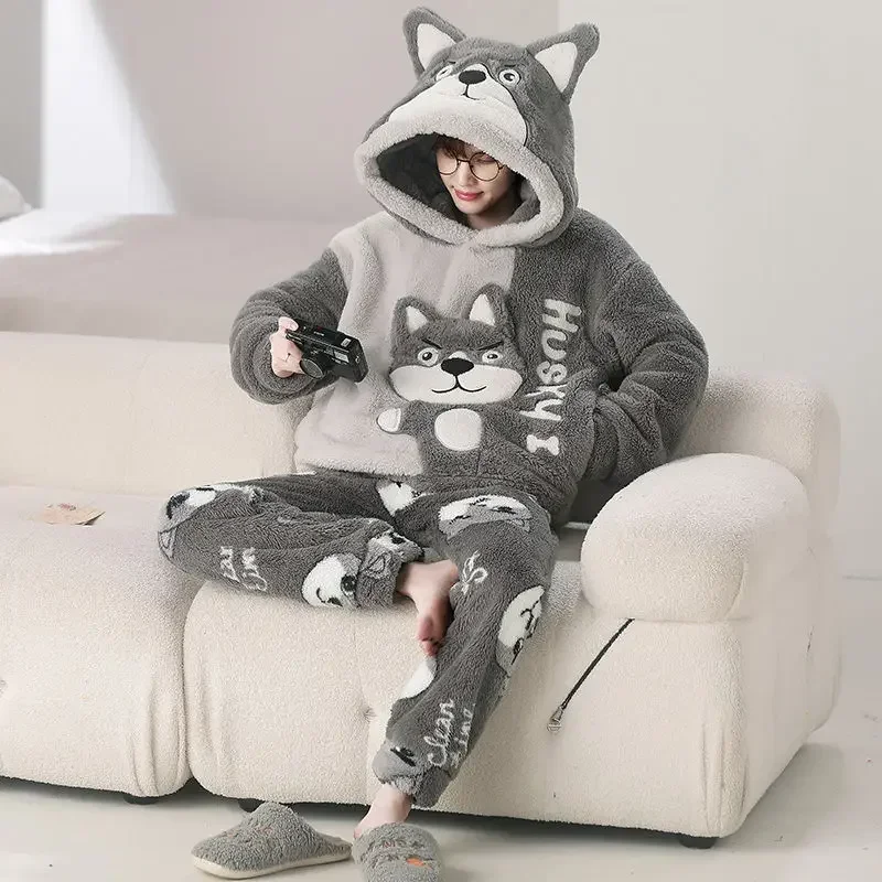 Outono inverno homewear coral velo pijamas masculinos de pele grossa flanela dos desenhos animados menino loungewear define plus size camisola terno pijamas