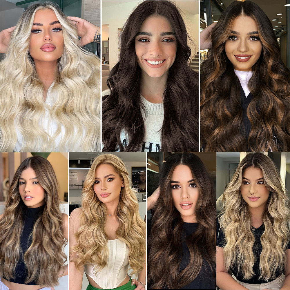สังเคราะห์ประดิษฐ์วิกผมหยักยาวสีบลอนด์ผสมสีน้ําตาลปลอมผมชิ้นสําหรับผู้หญิง 2 คลิป NATURAL Hair EXTENSION 17 สี