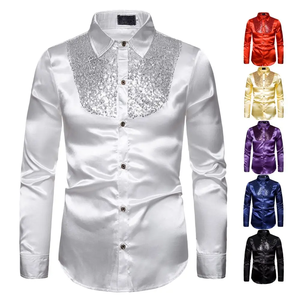 ชายเสื้อ Glitter Sequins ผู้ชายแฟชั่นเซ็กซี่เสื้อลําลองเทศกาลจัดเลี้ยง STAGE Performance งานแต่งงานโฮสต์พรหมผู้ชาย