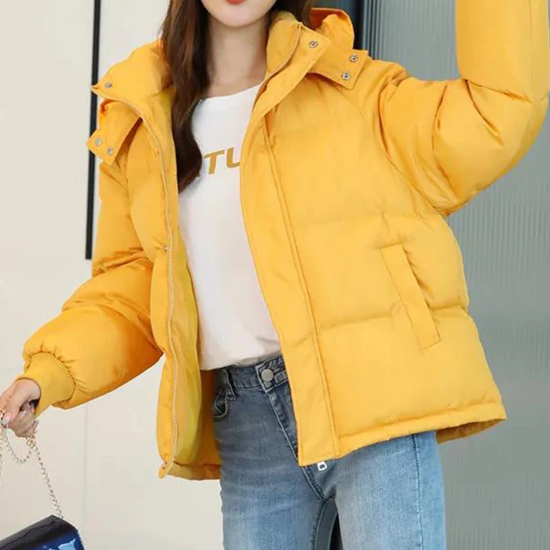 2021ฤดูหนาวผู้หญิง Hooded Zipper หลวมเสื้อแจ็คเก็ตสตรีสีทึบหนาเสื้อใหม่