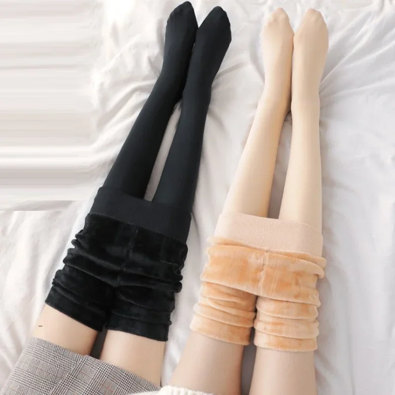 Mallas cálidas de cintura alta para mujer, medias de terciopelo de Color sólido, medias gruesas de terciopelo, medias elásticas negras, Invierno